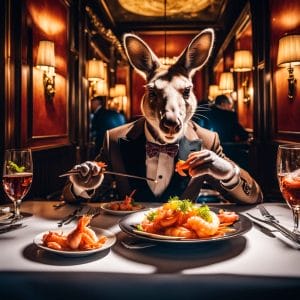 Kangaroo eating shrimps in a fancy restaurant