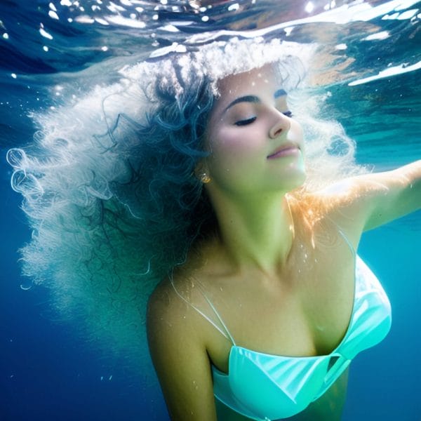 woman submerged under the surface of crystal clear water